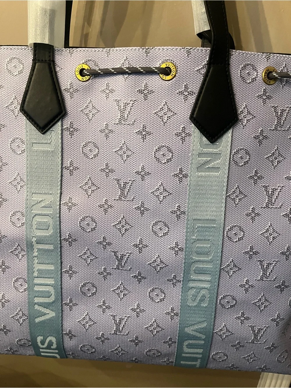 Louis Vuitton look a likeLavender Monogram Tote with Light Blue Straps